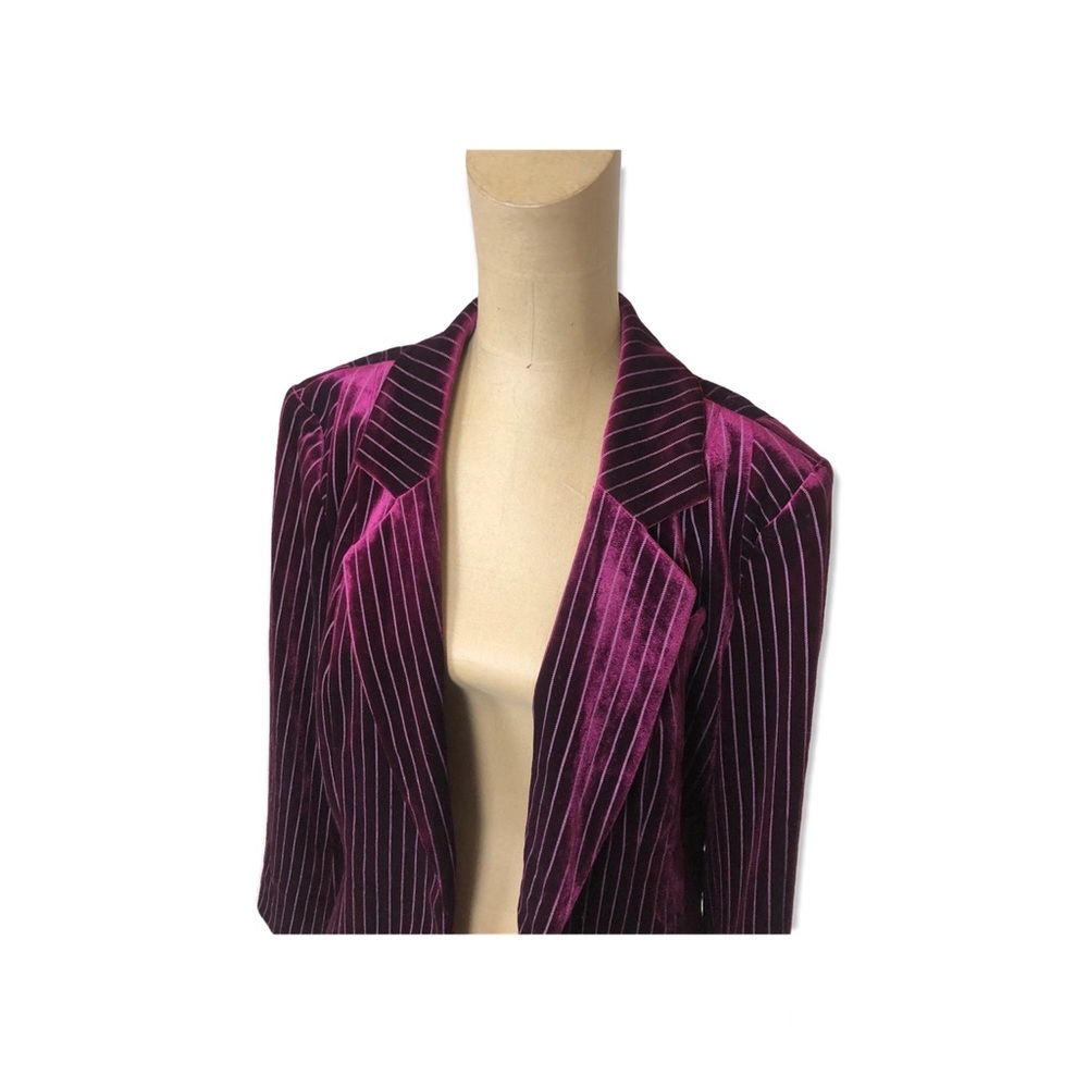 Leith Pin Striped Burgundy Velvet Open Front Blazer Size Medium - Picture 2 of 7